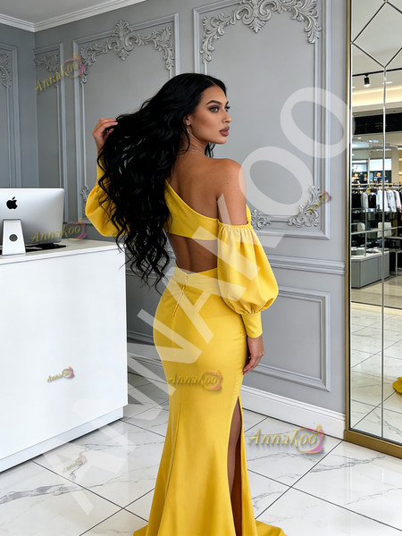 Yellow Satin One Shoulder Long Sleeve Sheath Column Prom Dress