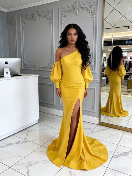 Shop 2026 ANNAKOO Yellow Satin One Shoulder Long Sleeve Sheath Column Prom Dress Under 189