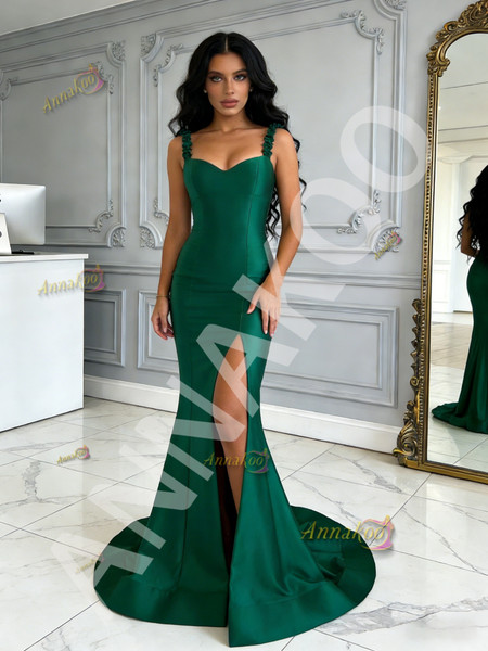 Shop 2026 ANNAKOO Green Satin Straps Trumpet Mermaid Prom Dress With Slit Under 169