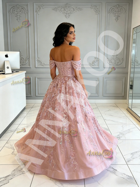 Shop 2026 ANNAKOO Off The Shoulder Pink Tulle Sparkle A Line Prom Dress Under 190