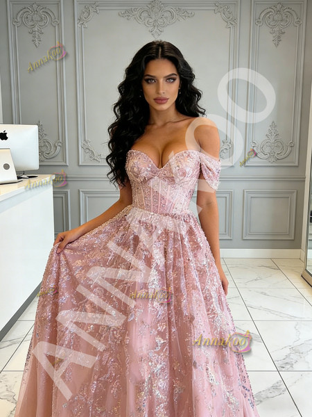 Shop 2026 ANNAKOO Off The Shoulder Pink Tulle Sparkle A Line Prom Dress Under 190
