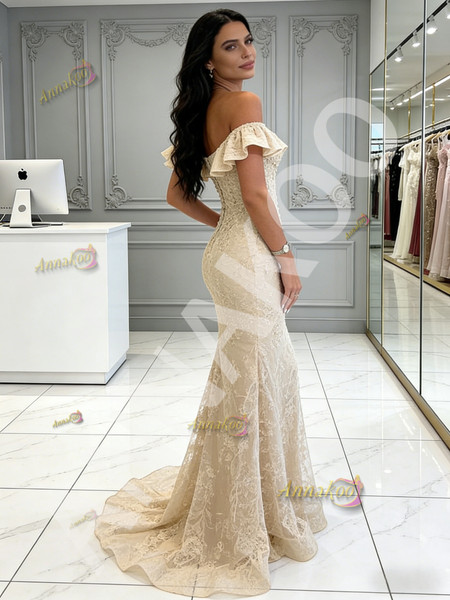 Shop 2026 ANNAKOO Off The Shoulder Lace Sheer Champgne Trumpet Mermaid Prom Dress Under 169