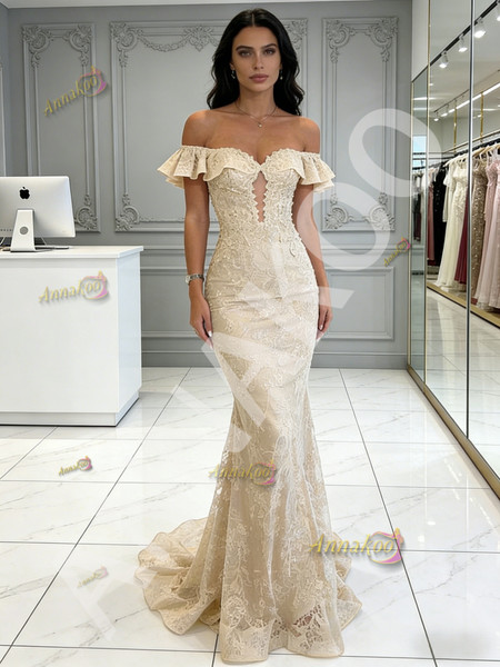 Shop 2026 ANNAKOO Off The Shoulder Lace Sheer Champgne Trumpet Mermaid Prom Dress Under 169