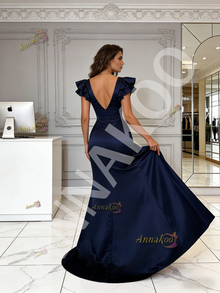 Shop 2026 ANNAKOO Navy Blue Ruffles V Neck Satin A Line Prom Dress With Slit Under 189
