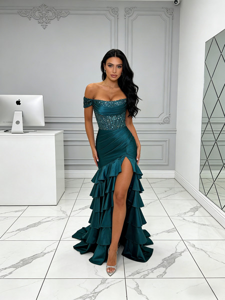 Shop 2026 ANNAKOO Green Off The Shoulder Beading Ruched Trumpet Mermaid Prom Dress Under 189