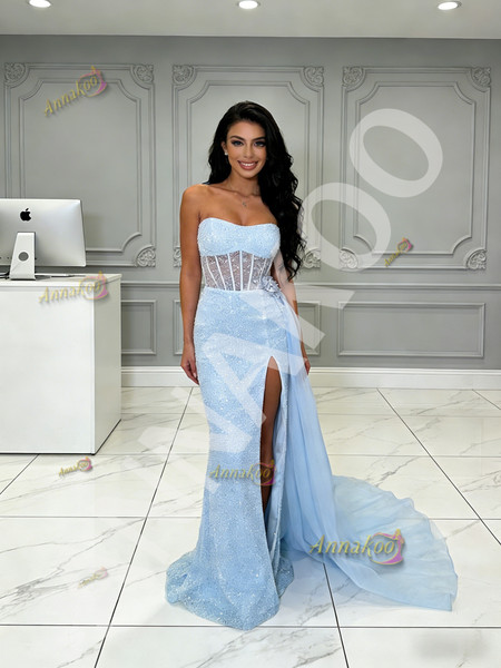 Shop 2026 ANNAKOO Light Blue Beading Sweetheart Trumpet Mermaid Prom Dress With Slit Under 199