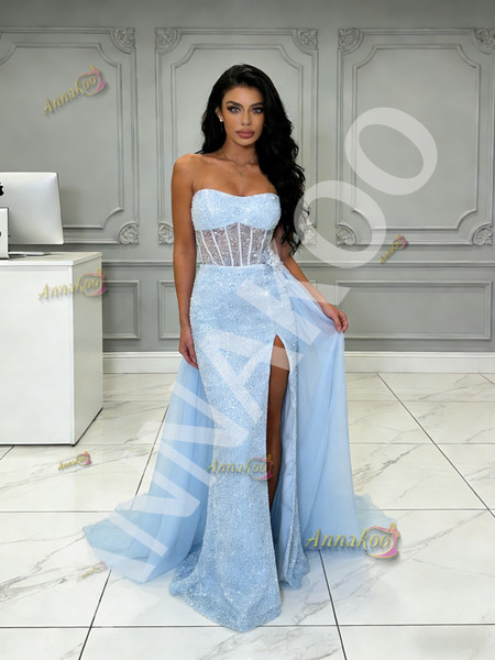 Shop 2026 ANNAKOO Light Blue Beading Sweetheart Trumpet Mermaid Prom Dress With Slit Under 199