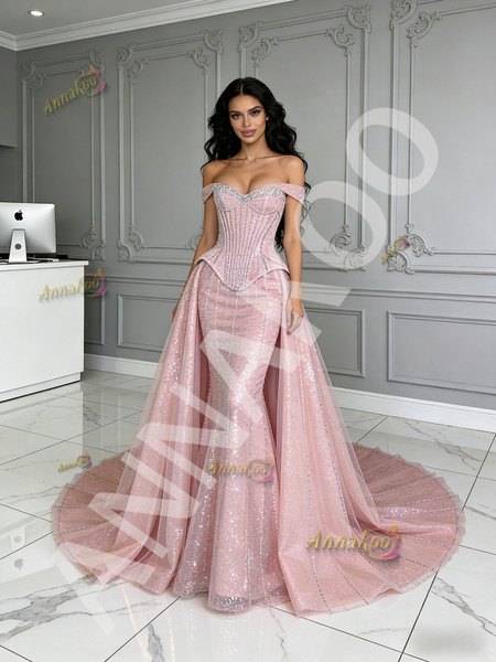Shop 2026 ANNAKOO Pink Off The Shoulder Sparkle Tulle Trumpet Mermaid Prom Dress Under 399
