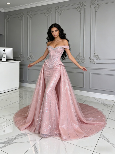 Shop 2026 ANNAKOO Pink Off The Shoulder Sparkle Tulle Trumpet Mermaid Prom Dress Under 399