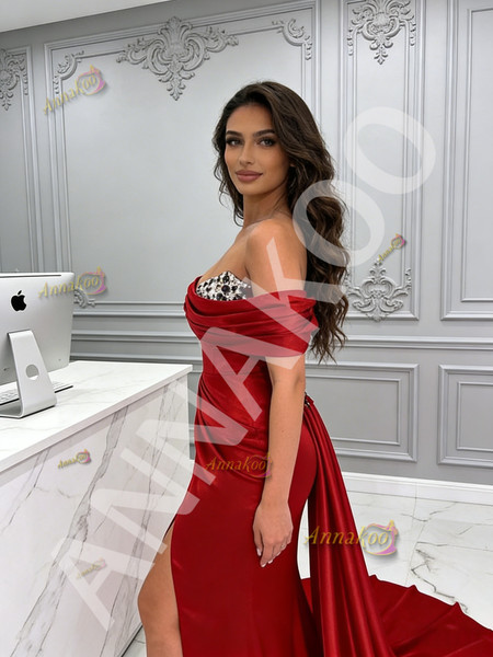 Shop 2026 ANNAKOO Red Satin Off The Shoulder Trumpet Mermaid Beading Prom Dress Under 189