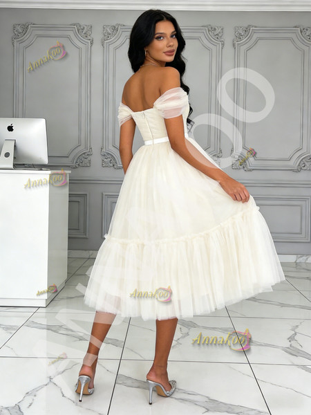 Shop 2026 ANNAKOO Beige Off The Shoulder Tea Length Tulle Prom Dress under 169