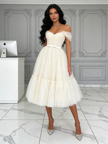 Shop 2026 ANNAKOO Beige Off The Shoulder Tea Length Tulle Prom Dress under 169