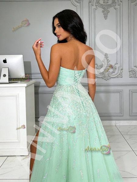 Shop 2026 ANNAKOO Green Tulle Sweetheart Beading A Line Prom Dress With Slit Under 189
 