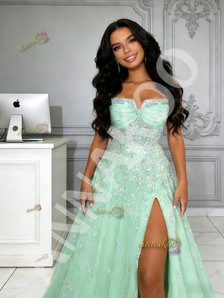 Green Tulle Sweetheart Beading A Line Prom Dress With Slit