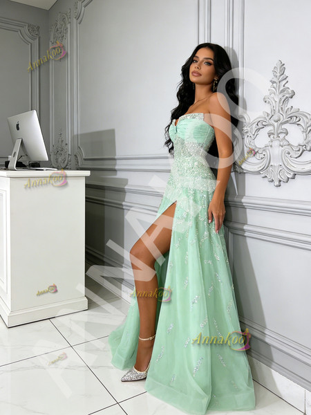 Shop 2026 ANNAKOO Green Tulle Sweetheart Beading A Line Prom Dress With Slit Under 189
 