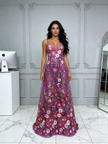 Shop 2026 ANNAKOO Purple Floral Lace Spaghetti Straps A Line Prom Dress Under 159