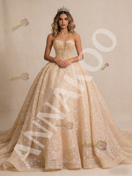 Shop 2026 ANNAKOO Champagne Gold Tulle Sequins Sparkle Prom Dress Under 878