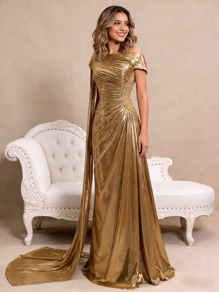 A Line Gold Pleats Beading Satin Prom Dress