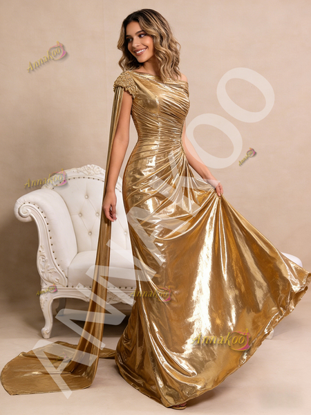 Shop 2026 ANNAKOO A Line Gold Pleats Beading Satin Prom Dress Under 788