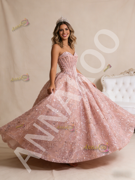 Shop 2026 ANNAKOO Princess Pink Ball Gown Sequins Beading Tulle Prom Dress Under 889
