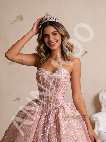 Shop 2026 ANNAKOO Princess Pink Ball Gown Sequins Beading Tulle Prom Dress Under 889