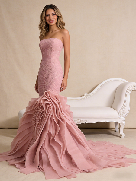Shop 2026 ANNAKOO Tulle Appliques Strapless Pleats Pink Mermaid Ruffles Prom Dress Under 788