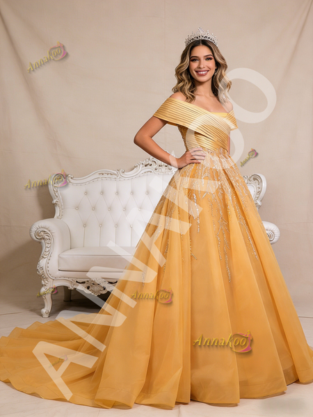 Shop 2026 ANNAKOO Off the Shoulder Pleats Gold Tulle Sequins Prom Dress Under 789