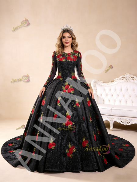 Ball Gown Sequins Long Sleeve Black Flower Prom Dress