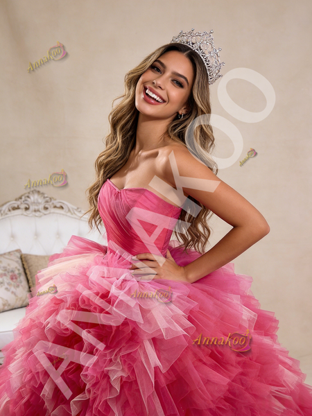 Shop 2026 ANNAKOO Fuchsia Tulle Strapless Tiers Princess Ball Gown Prom Dress Under 889