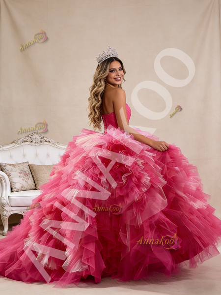 Shop 2026 ANNAKOO Fuchsia Tulle Strapless Tiers Princess Ball Gown Prom Dress Under 889
