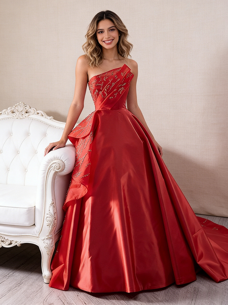 Shop 2026 ANNAKOO Strapless Beading Red Satin Sequins Prom Dress Under 689