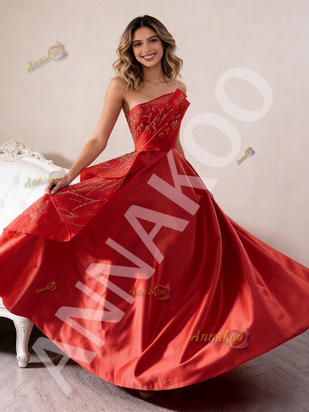 Shop 2026 ANNAKOO Strapless Beading Red Satin Sequins Prom Dress Under 689