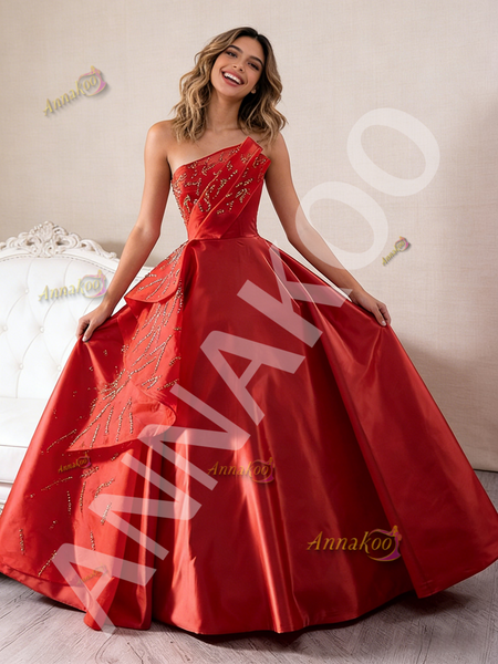 Shop 2026 ANNAKOO Strapless Beading Red Satin Sequins Prom Dress Under 689