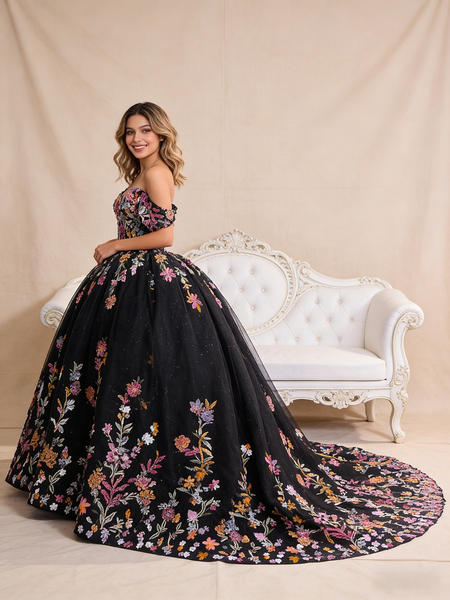 Sequins Off the Shoulder Black Tulle Colorful Prom Dress