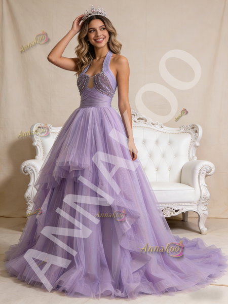 Shop 2026 ANNAKOO Halter Pleats Beading Purple Tulle Prom Dress Under 788