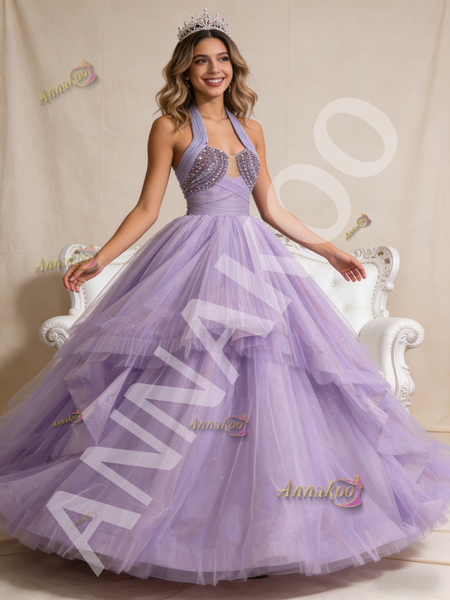 Shop 2026 ANNAKOO Halter Pleats Beading Purple Tulle Prom Dress Under 788