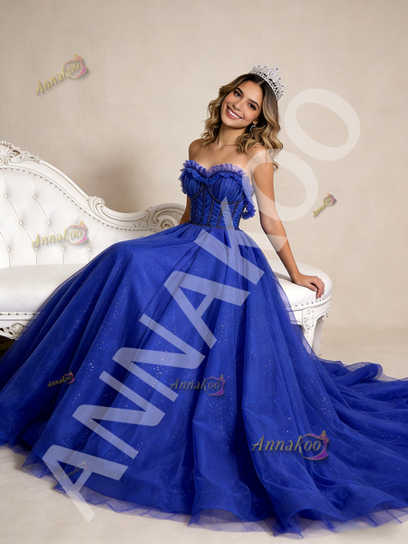Shop 2026 ANNAKOO Royal Blue Beading Tulle Off the Shoulder Prom Dress Under 789