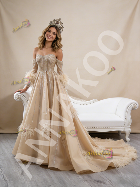 Shop 2026 ANNAKOO Tulle Sequins Strapless Champagne Long Sleeves Prom Dress Under 789