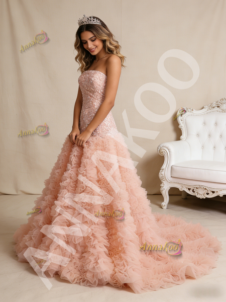 Shop 2026 ANNAKOO Tulle Pink Strapless Tiers Orange Sequins Prom Dress Under 789