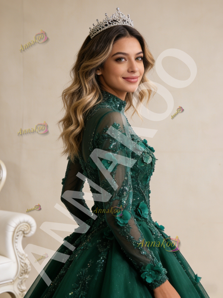 Shop 2026 ANNAKOO Green Tulle Sequins Long Sleeve Backless Prom Dress Under 888