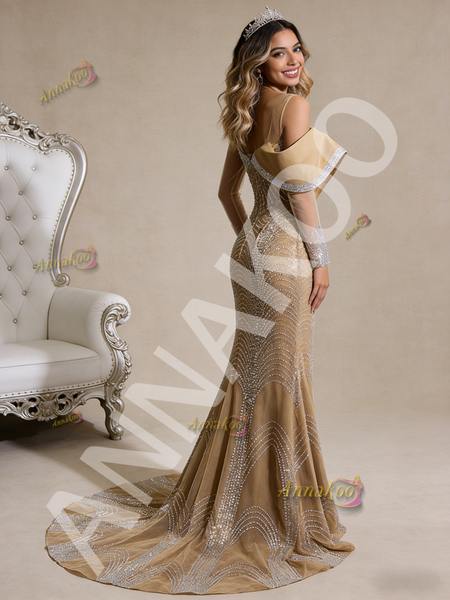 Shop 2026 ANNAKOO Mermaid Long Sleeve Beading Champagne Prom Dress Under 1088