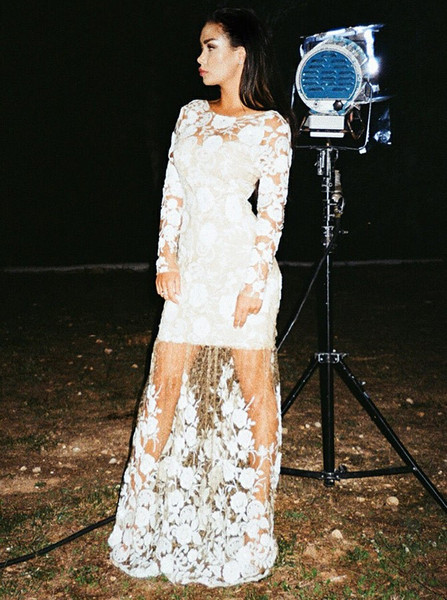 See Through Mermaid Long White Lace Prom Party Dress With Sleeves