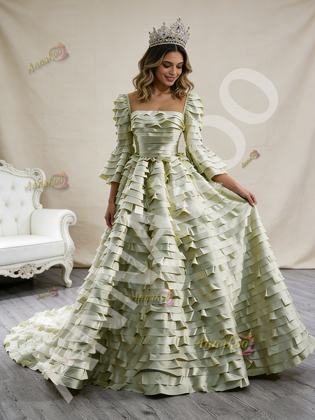 Shop 2026 ANNAKOO A Line Green Satin Long Sleeve Tiers Prom Dress Under 789