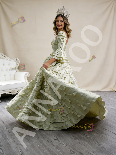 Shop 2026 ANNAKOO A Line Green Satin Long Sleeve Tiers Prom Dress Under 789