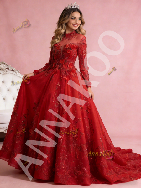 Shop 2026 ANNAKOO Red Sequins Tulle Backless Long Sleeve Appliques Prom Dress Under 888