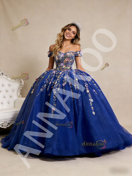 Shop 2026 ANNAKOO Ball Gown Tulle Appliques Royal Blue Off the Shoulder Prom Dress Under 888