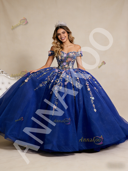 Shop 2026 ANNAKOO Ball Gown Tulle Appliques Royal Blue Off the Shoulder Prom Dress Under 888