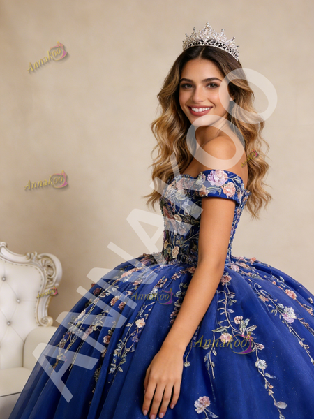 Shop 2026 ANNAKOO Ball Gown Tulle Appliques Royal Blue Off the Shoulder Prom Dress Under 888