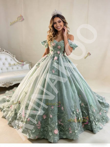 Shop 2026 ANNAKOO Ball Gown Tulle Sequins Green Off The Shoulder Flower Prom Dress Under 788