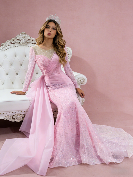 Pink Mermaid Long Sleeve Pearls Prom Dress